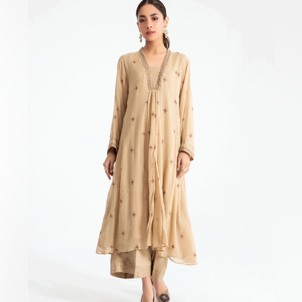 Maria B. Dress long sleeve embroidered Tan women’s size small traditional